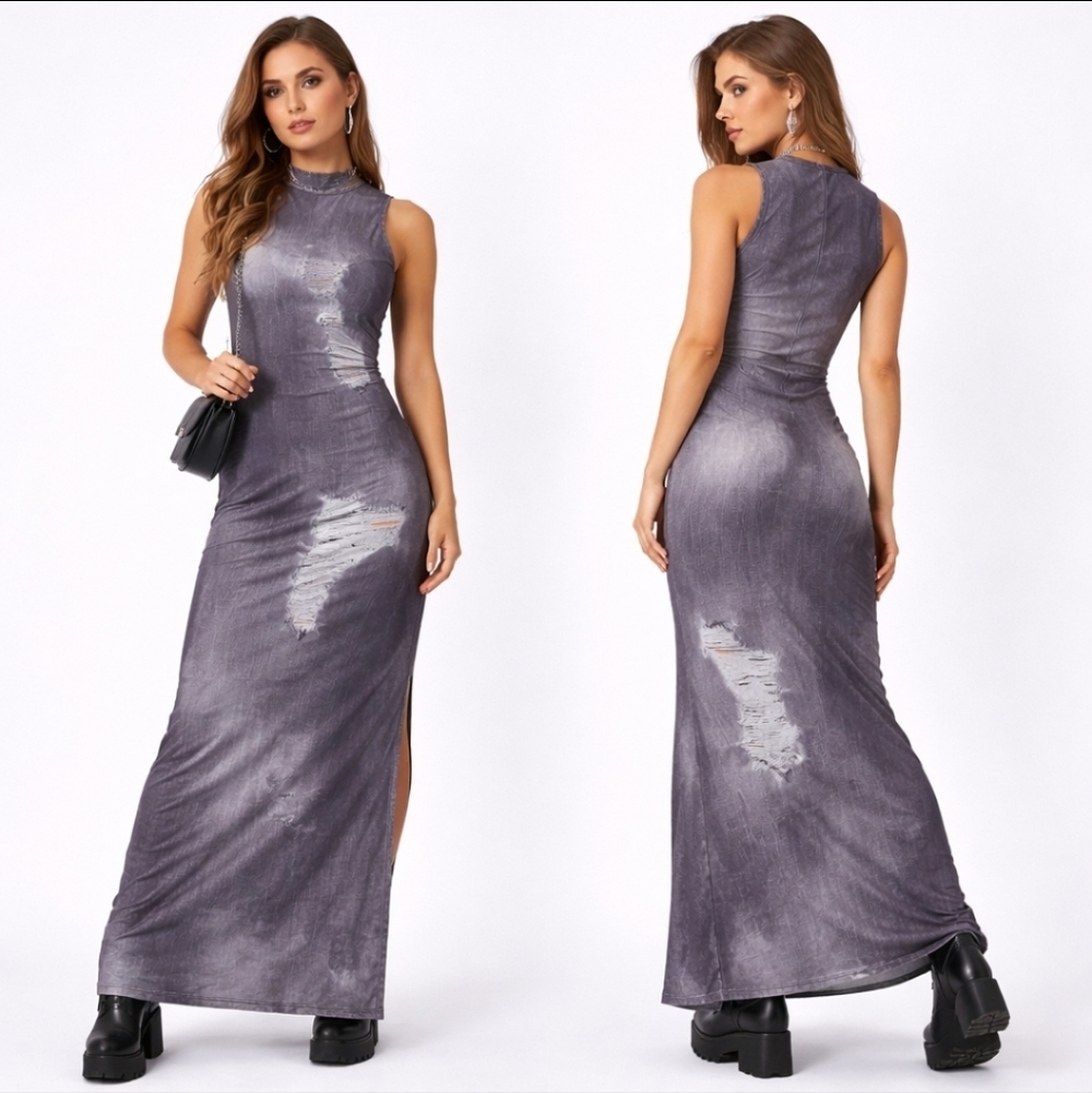 Y2K Grunge Distressed Denim Print Maxi Dress Mock Neck Bodycon